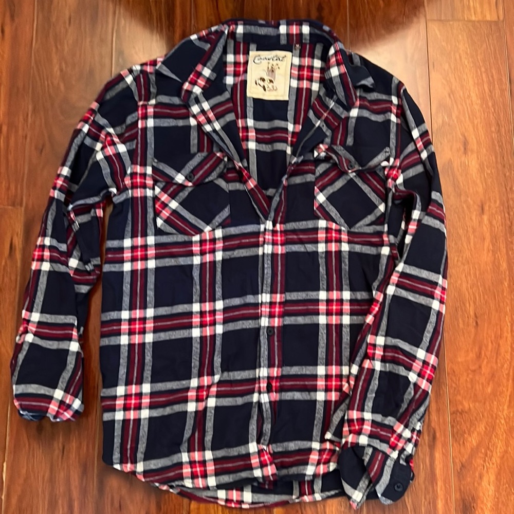 Coastal blue red white flannel long sleeved button down shirt